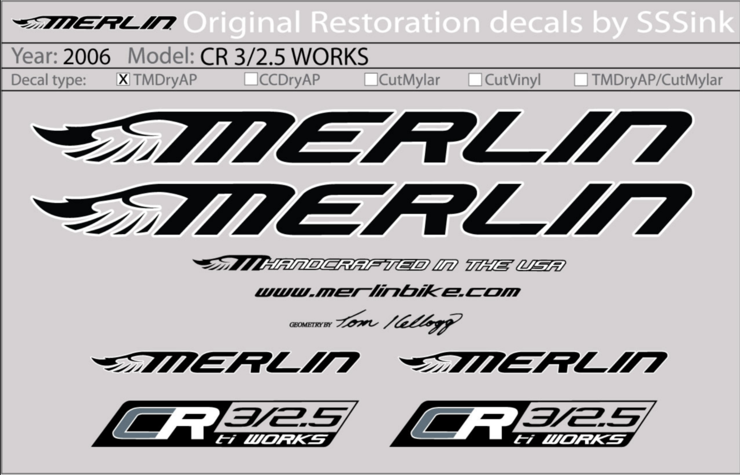 black outline Close out Sale Merlin & extralight  Bike  Decals  White letters 