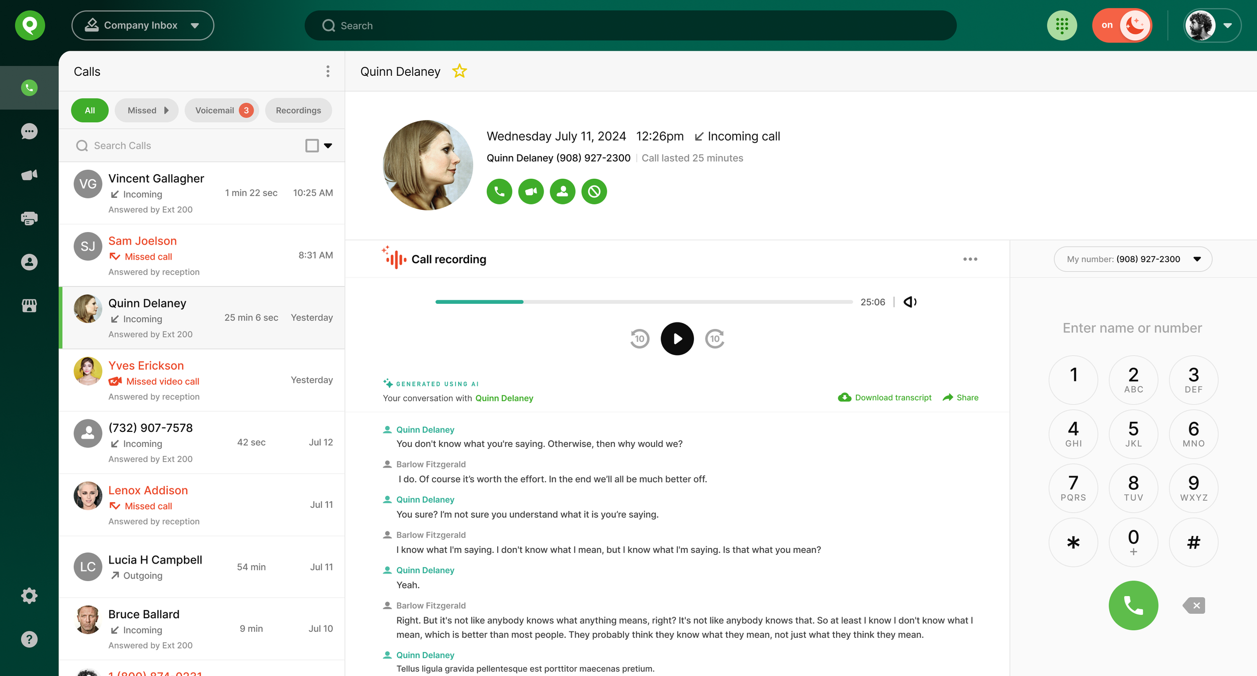  A Phone.com Plus user with Voice-to-Text Call Recording enabled. Web phone is present at lower right. 