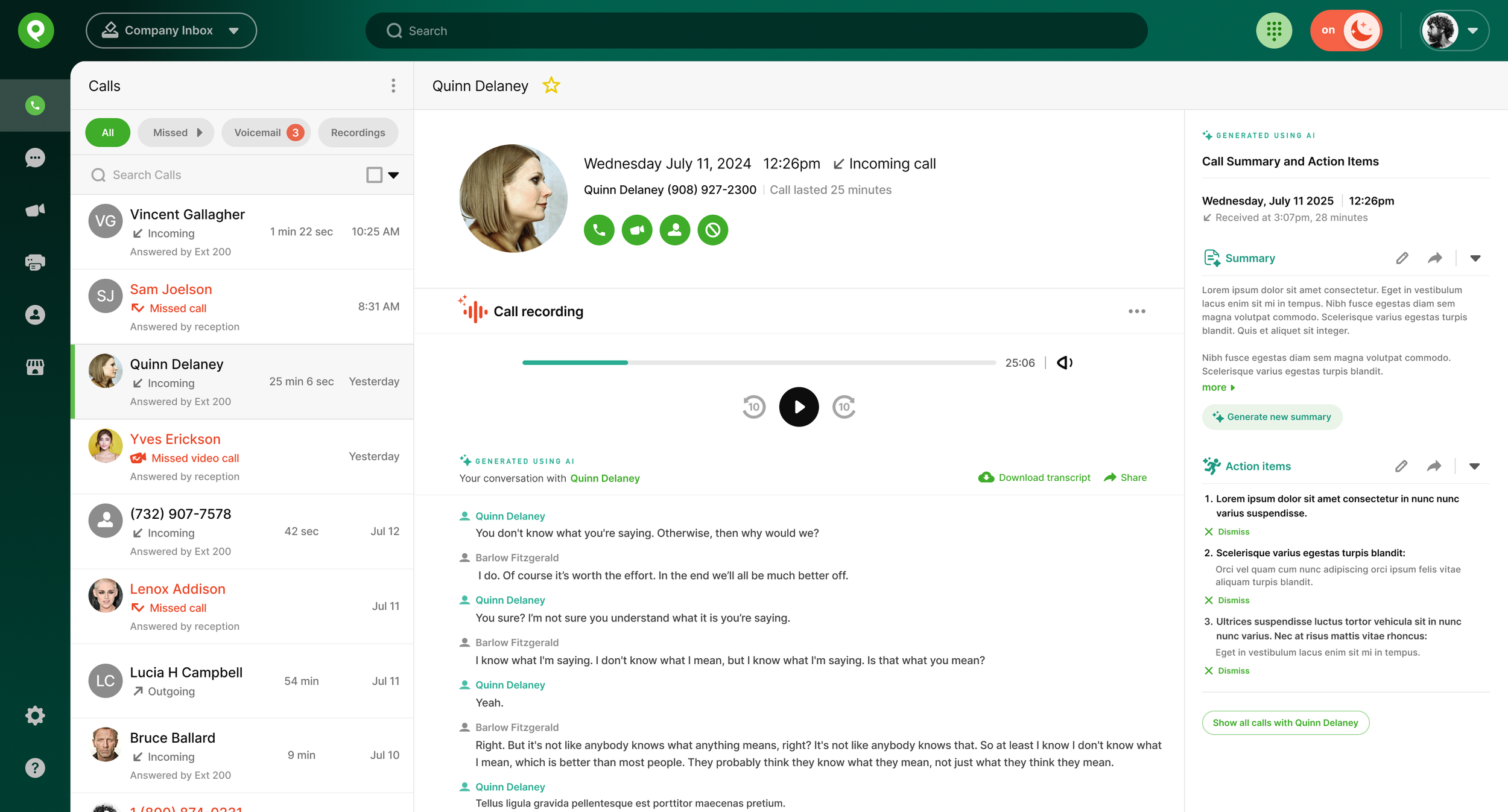  A Pro user received and recorded a call from Quinn Delaney. The conversation was transcribed, followed by an AI generated call summary and list of action items which users can edit, share or dismiss. 