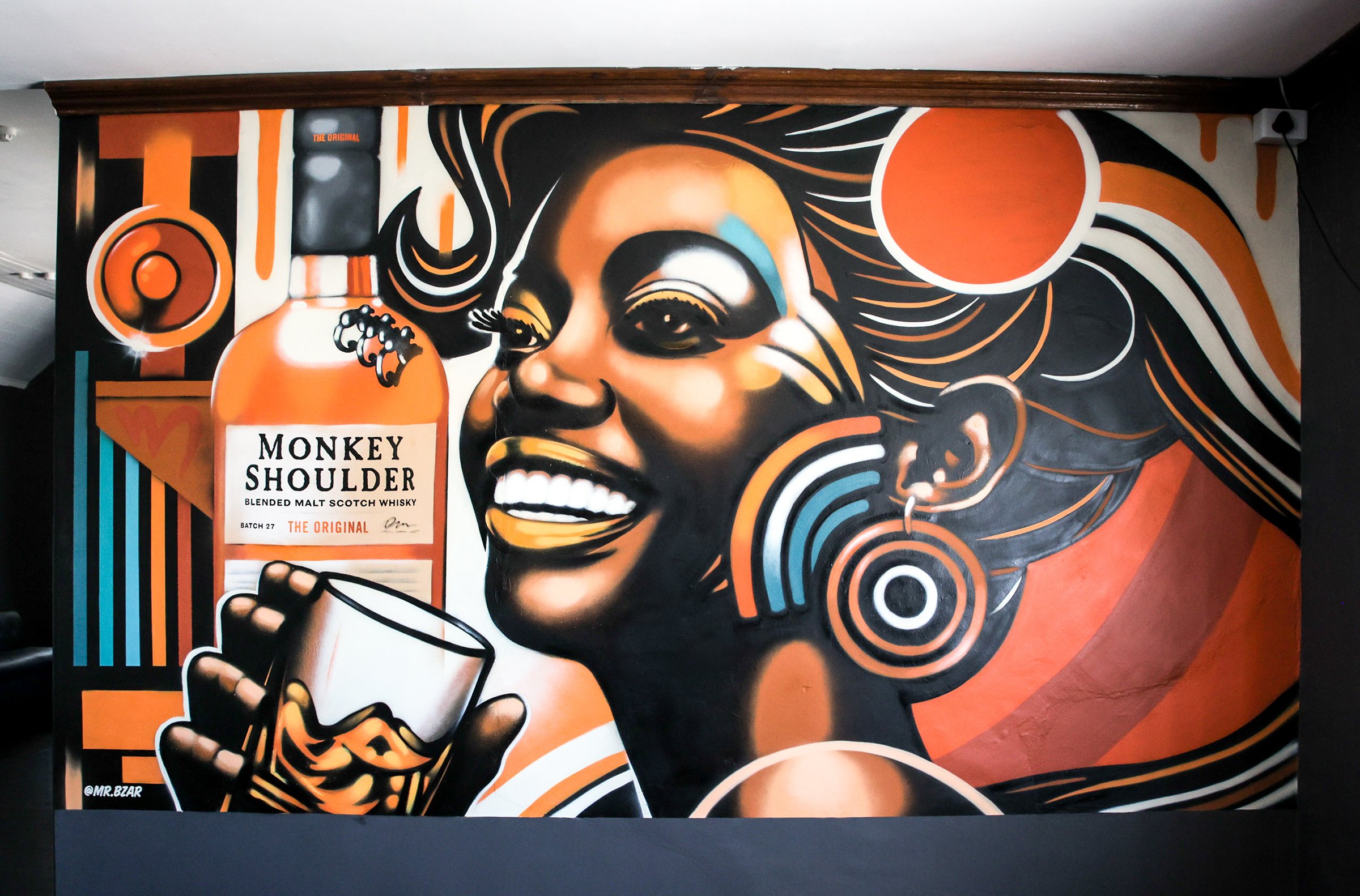 Bold graffiti mural for Monkey Shoulder brand activation in Cape Town nightlife venue