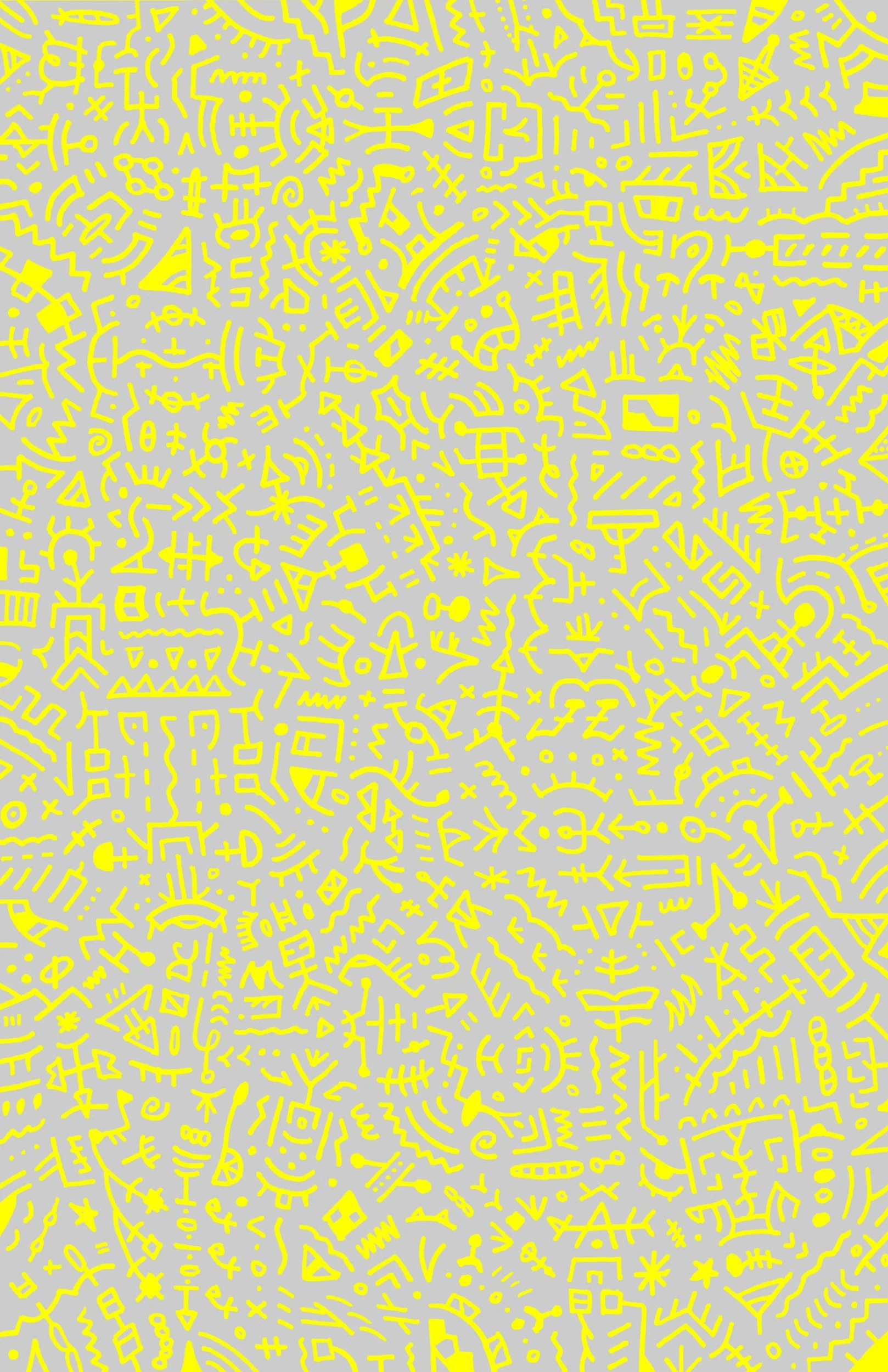 A page of tiny, detailed little drawings; the background is a light gray; the drawings are done in a bright yellow ink