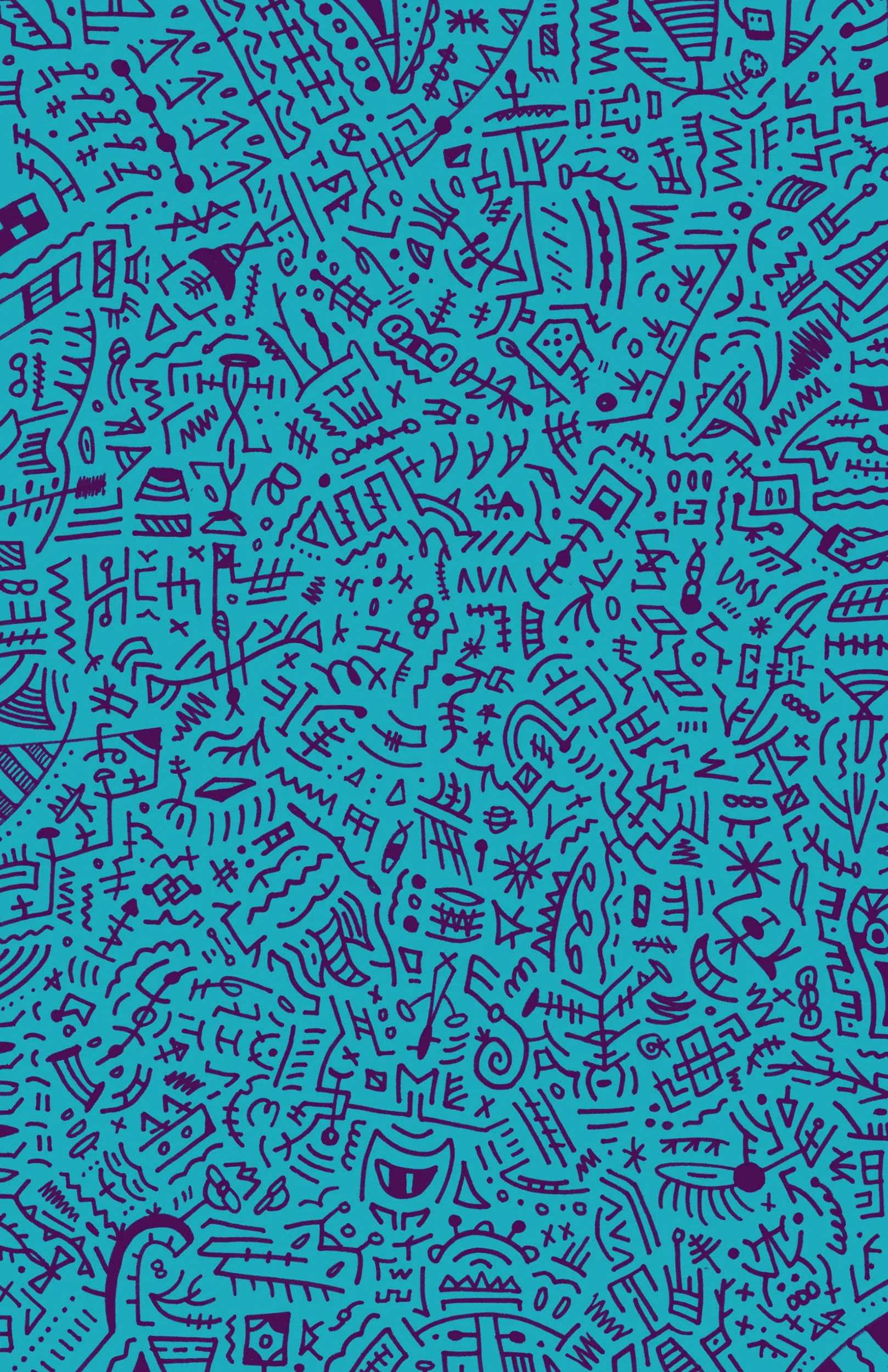 A page of tiny, detailed little drawings; the background is an aqua blue; the drawings are done in a dark purple ink.