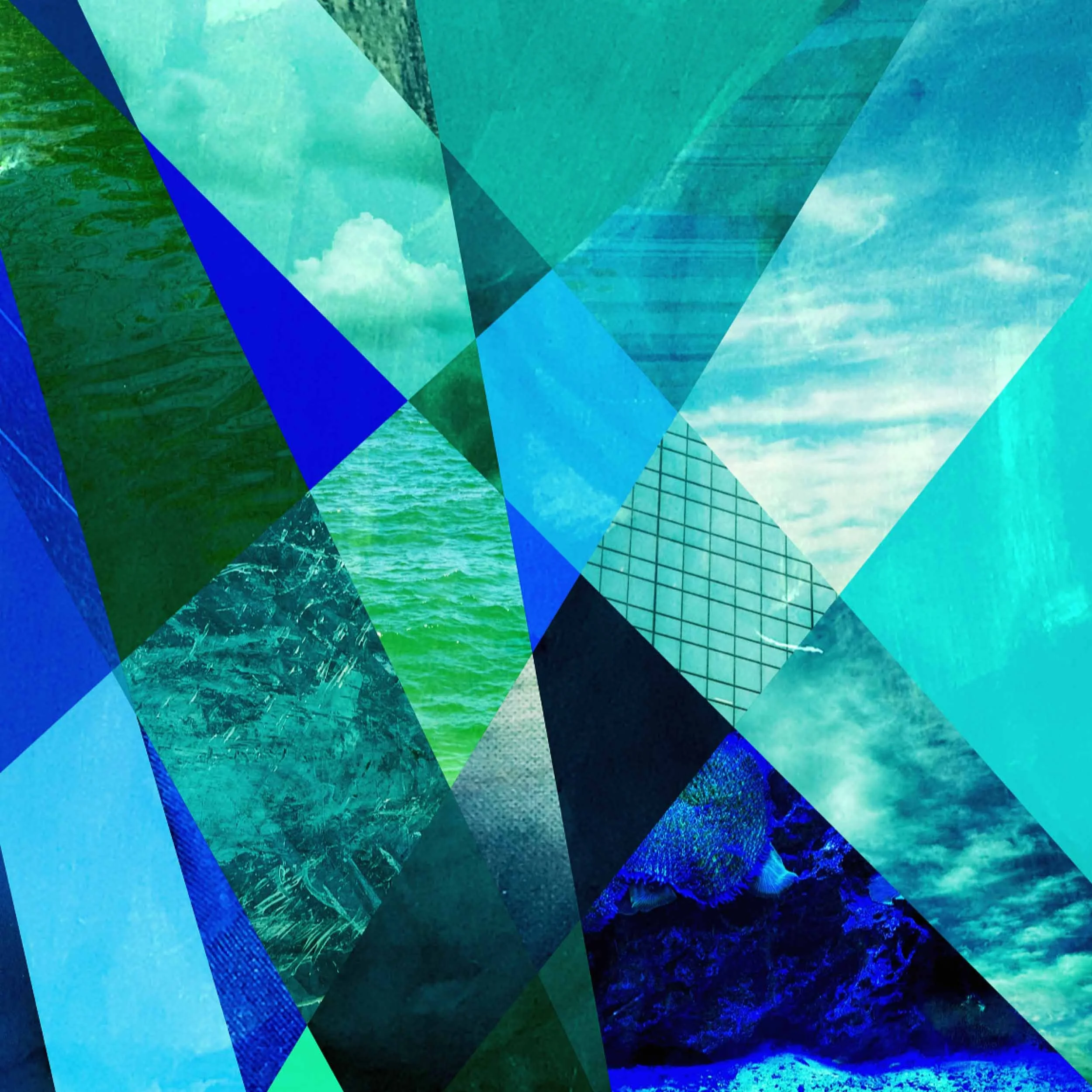 A graphic cut up by lines going in all directions; the shapes formed by the cuts are filled with sky photos and other naturally blue pictures