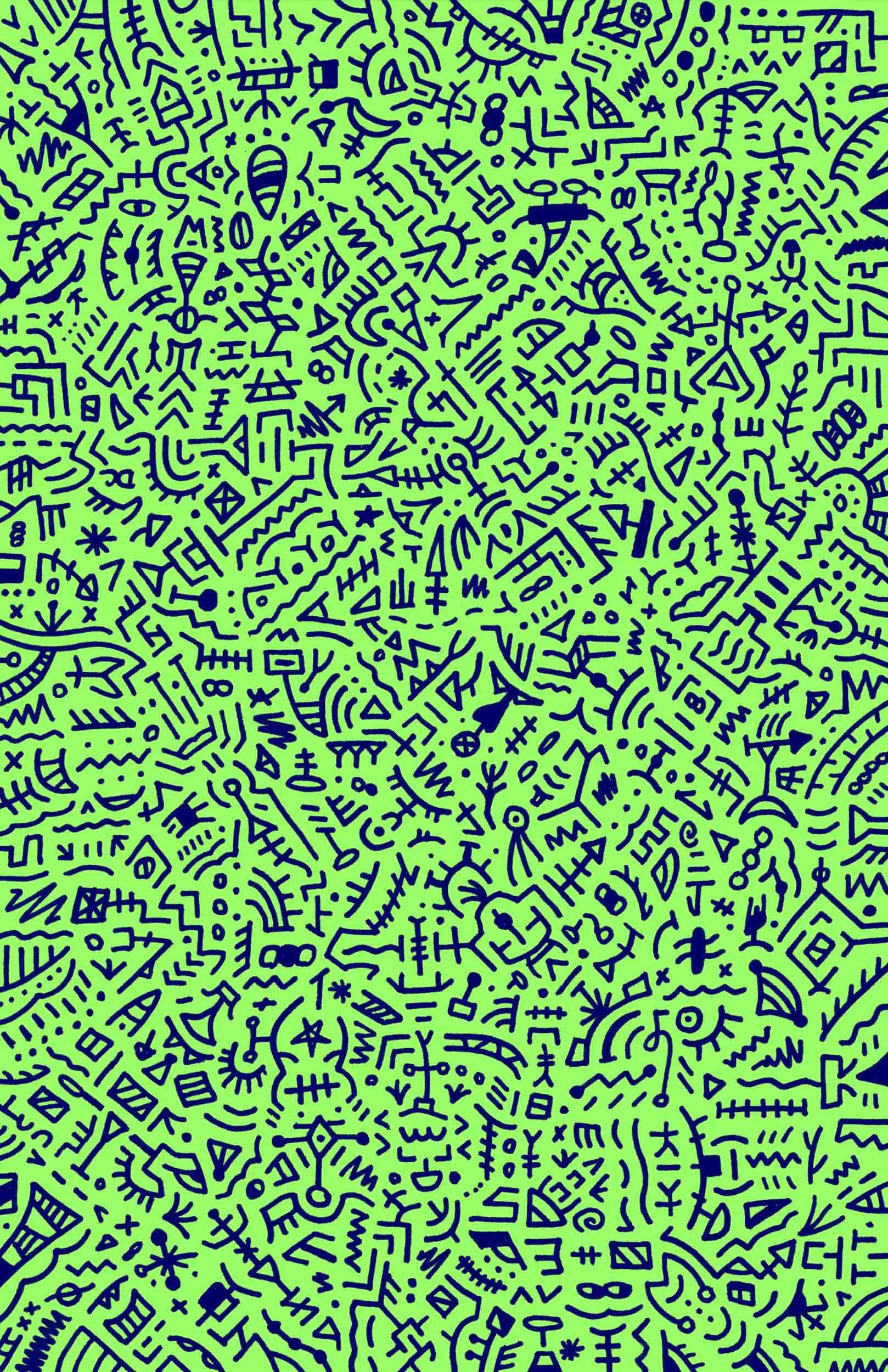 A page of tiny, detailed little drawings; the background is a bright green; the drawings are done in a dark blue ink