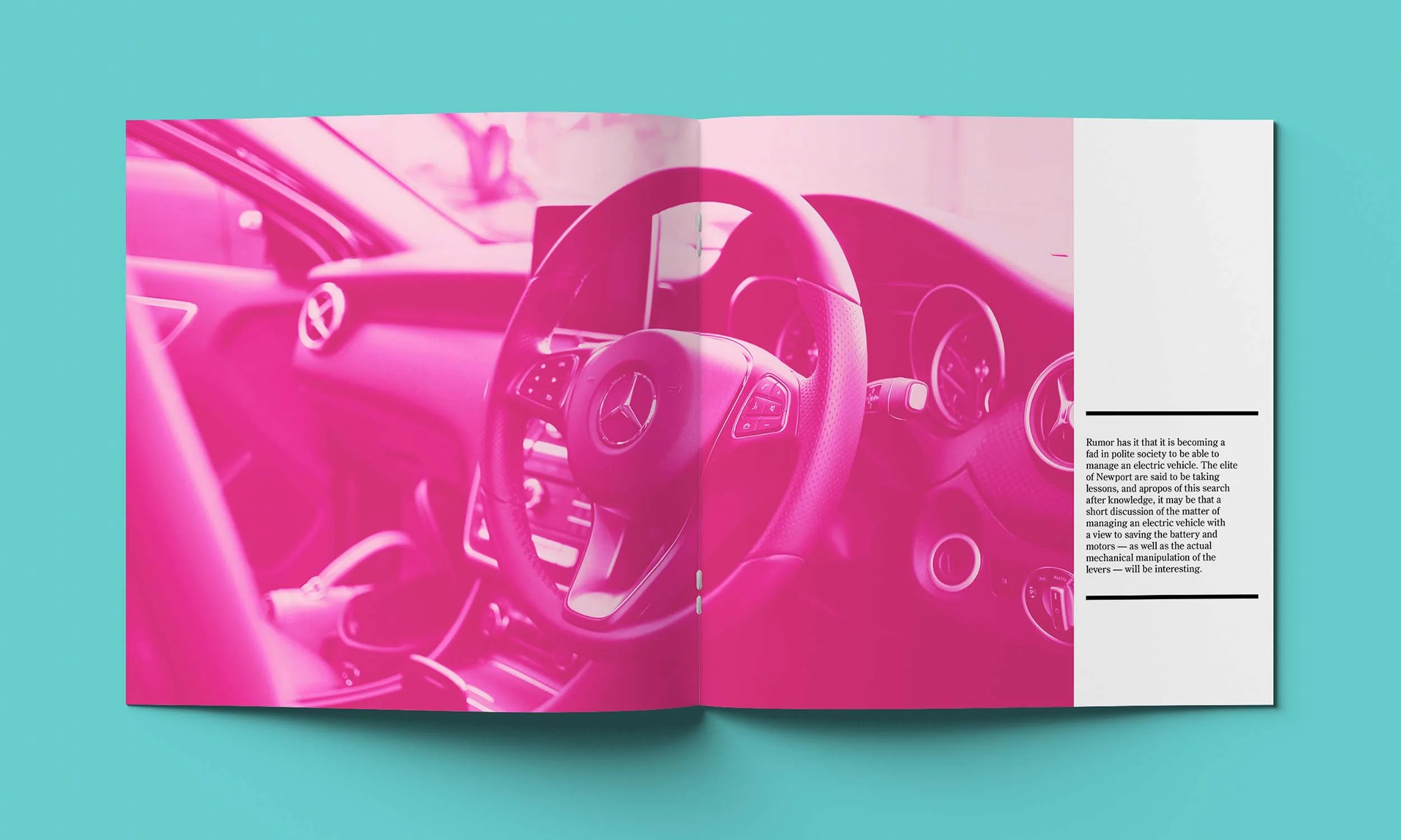 An interior layout of a magazine article on cars. Dominating the space is a huge pink overlay on top of the inside of a car.