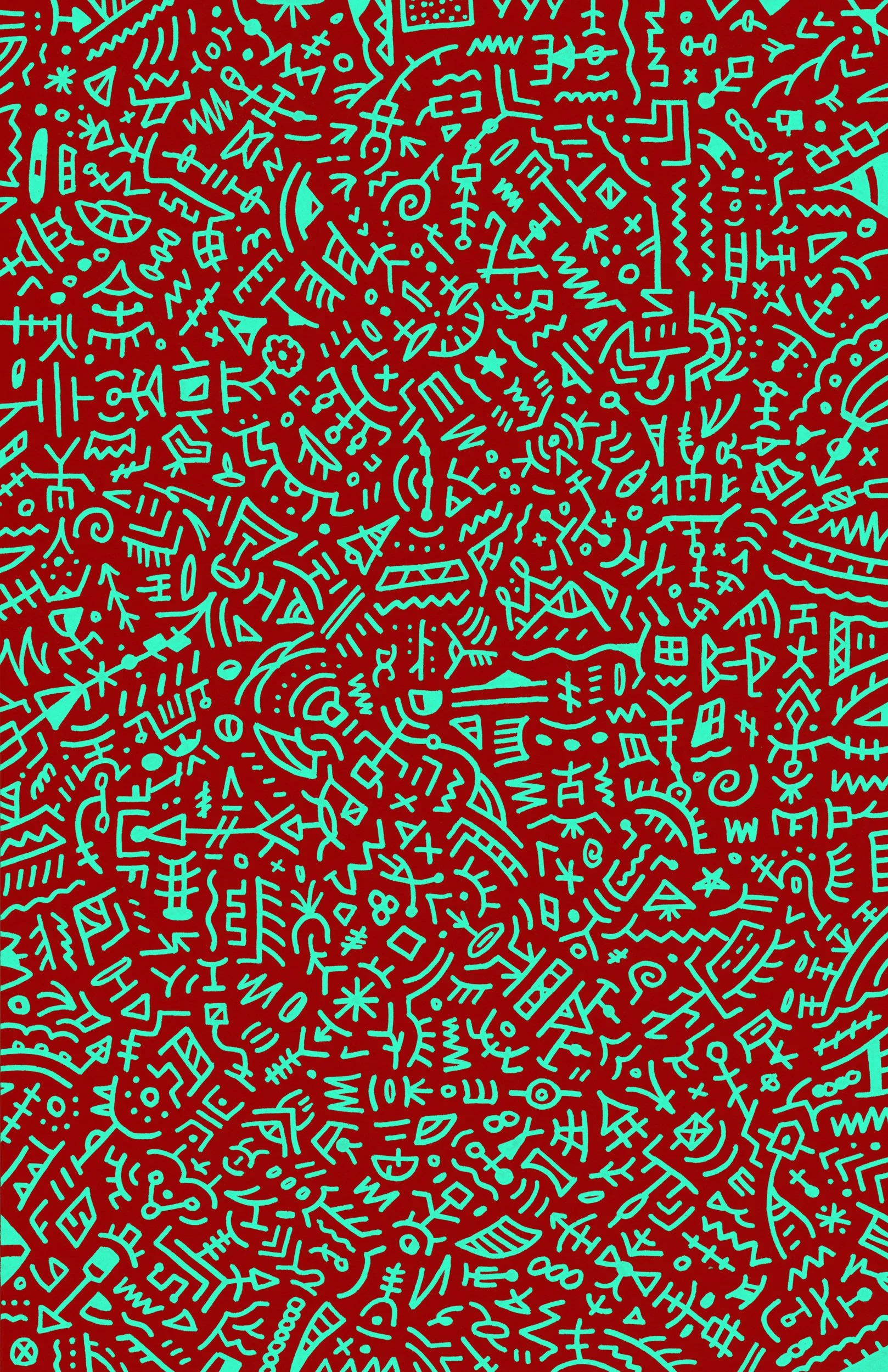 A page of tiny, detailed little drawings; the background is a dark red; the drawings are done in a bright blue-green ink