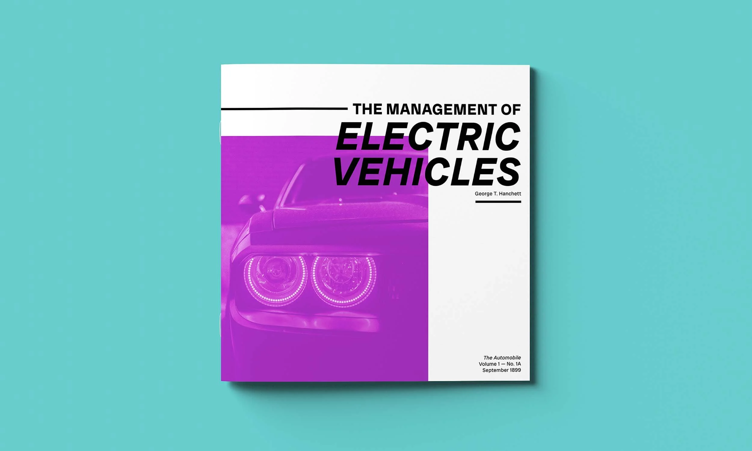 The cover design of an article called “The Management of Electric Vehicles.” The cover is all white with a purple overlay on top of a photo of the back end of a car.