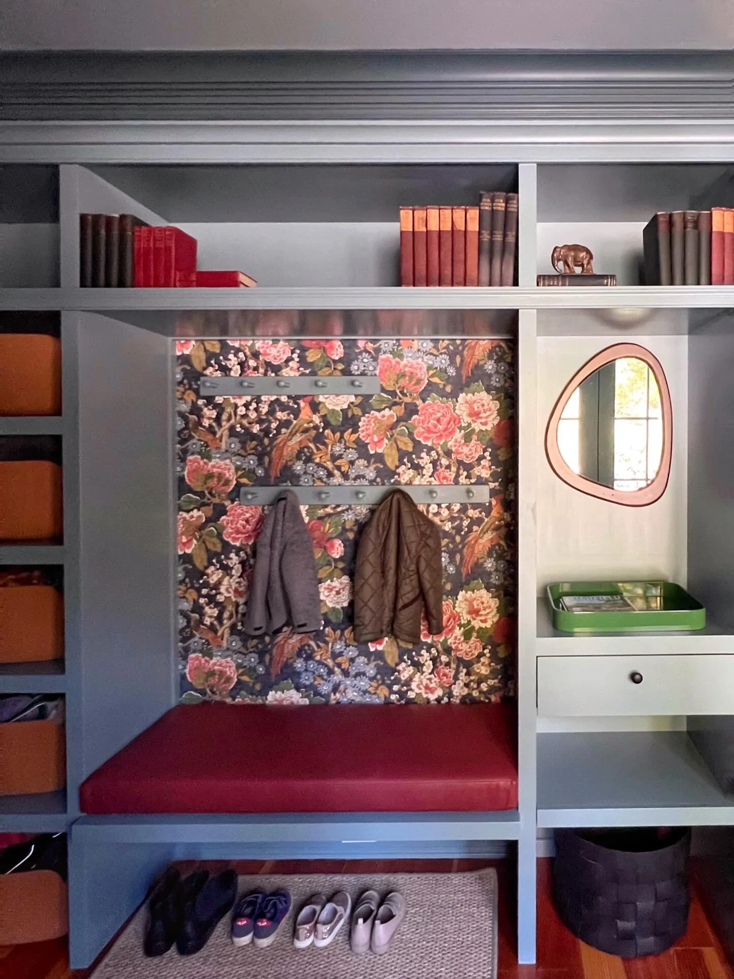 One of the hardest working corners in this young family&rsquo;s country house! With two young toddlers and a baby in tow, easy mudroom storage by the back door was high on the list! Adding a little color didn&rsquo;t hurt either. No more excuses from