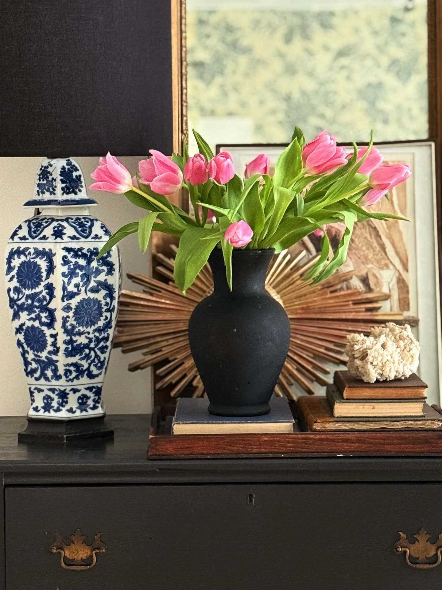 Taking a moment between running to appointments to enjoy this little moment on my upstairs landing. It&rsquo;s really these little details that help get me through. I hope you have your own remedies. Happy almost weekend!
.
.
#fridayflowers #tulipslo