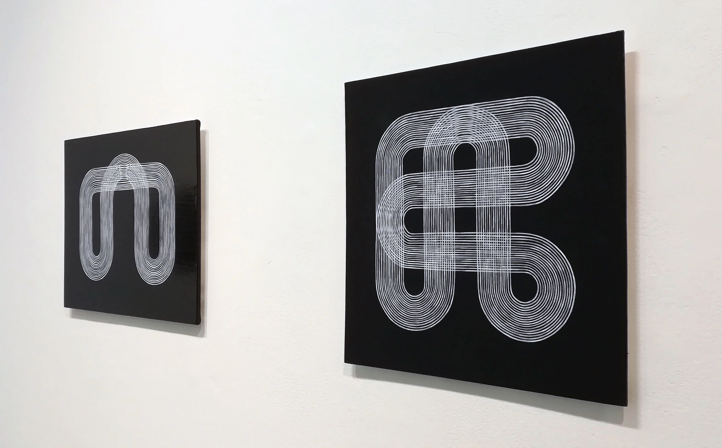Yoke , acrylic on canvas over board (left) and Circuit , acrylic on canvas board (right)