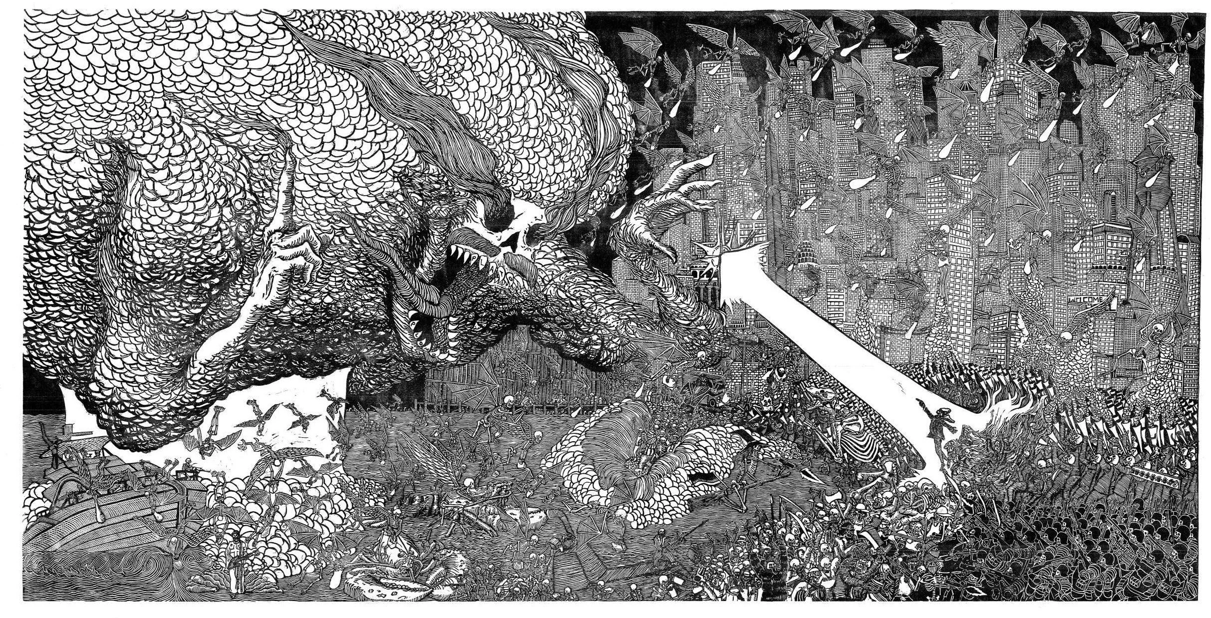  Cocaine Hurricane  Relief Linocut  43” x 23”  2019    “Cocaine is a helluva drug.”  - Rick James 