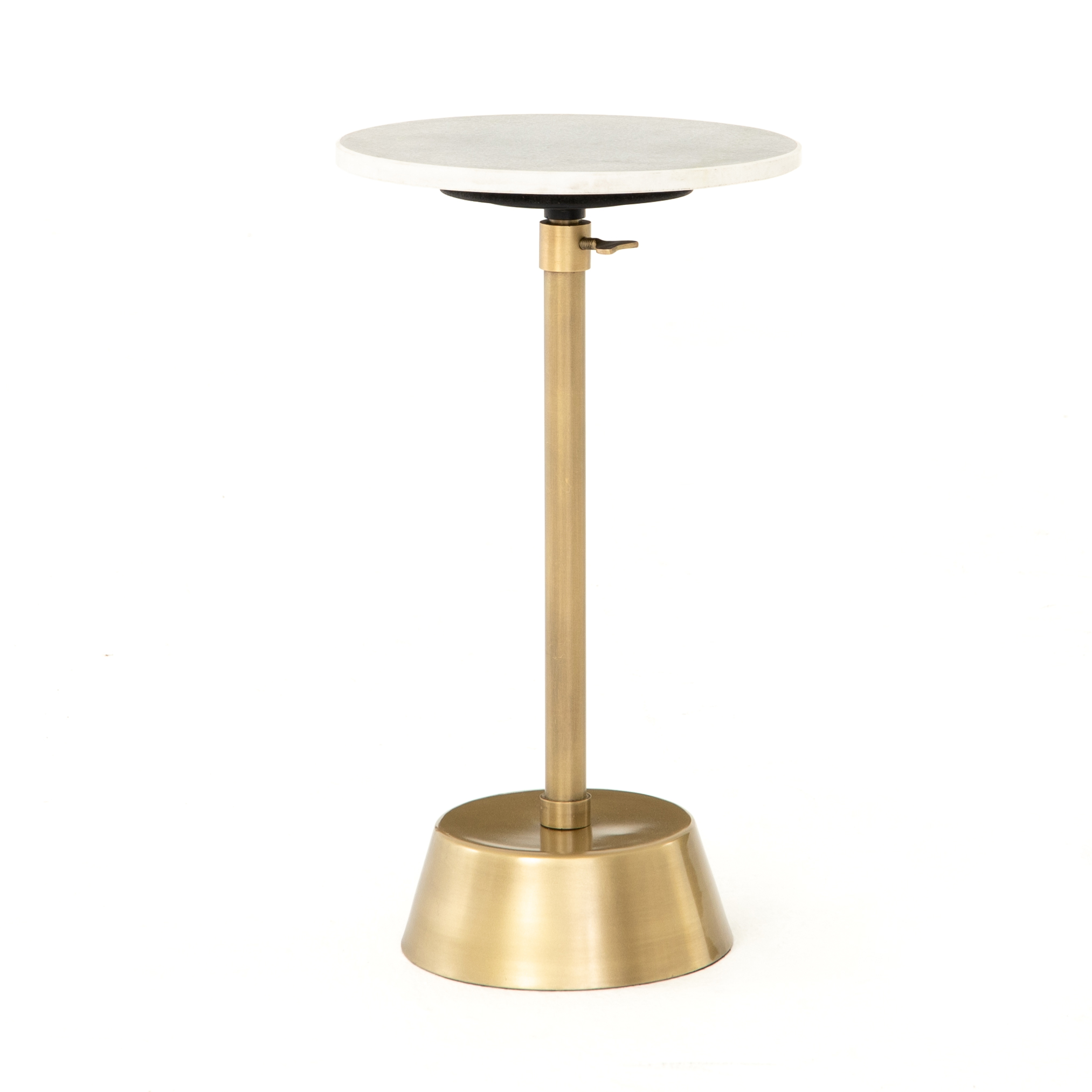 Bree Adjustable Accent Table | Glamorous yet simple, this slim, adjustable base of brass-finished steel supports a rounded white marble top, perfectly sized to perch a drink. This table is also available in antique pewter.