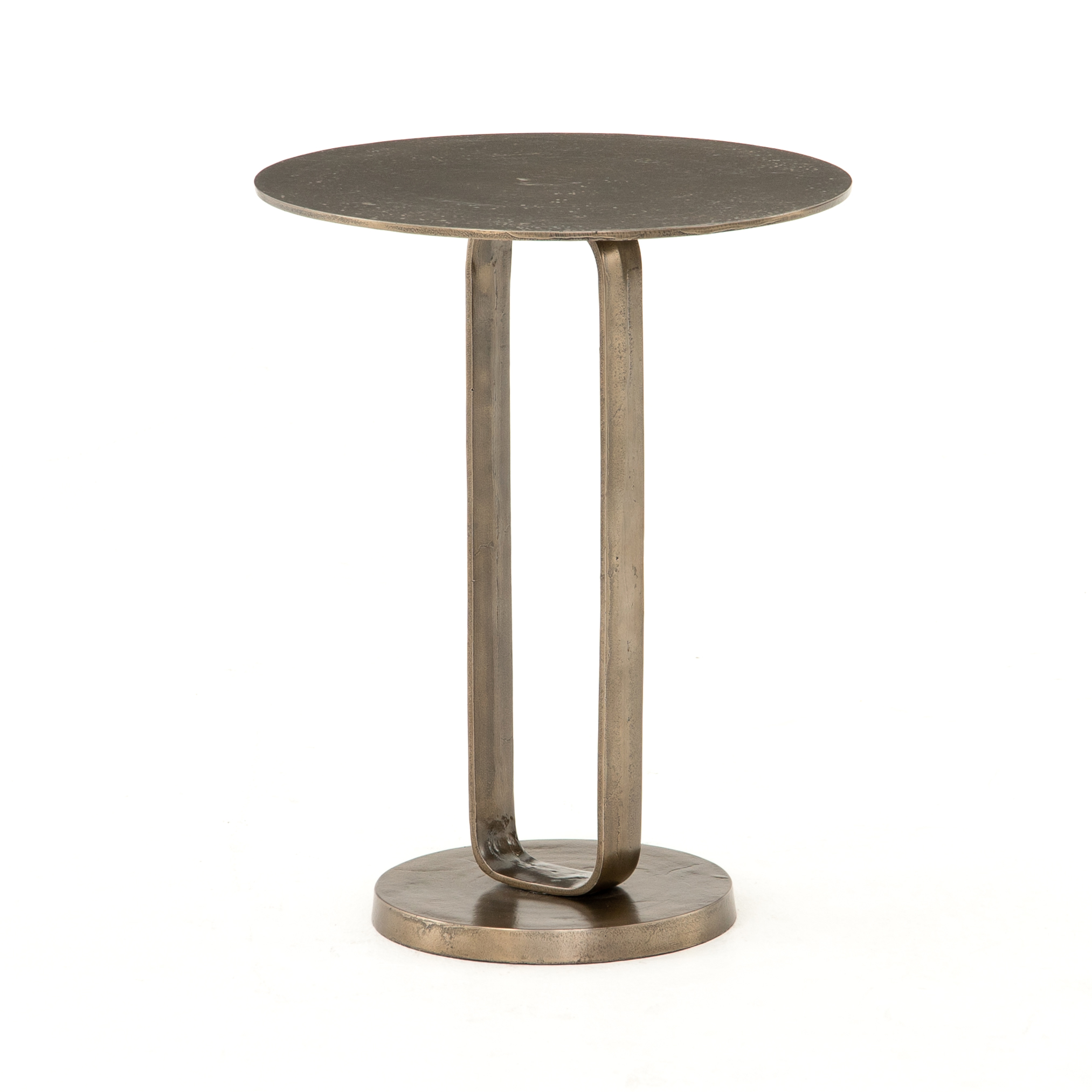 Douglas End Table | Precise curves with modern presence. Rounded base and tabletop of aged bronze-finished aluminum are connected via a shapely ring, for an open look and fun blend of scale and proportion. Safe for outdoor use, too!