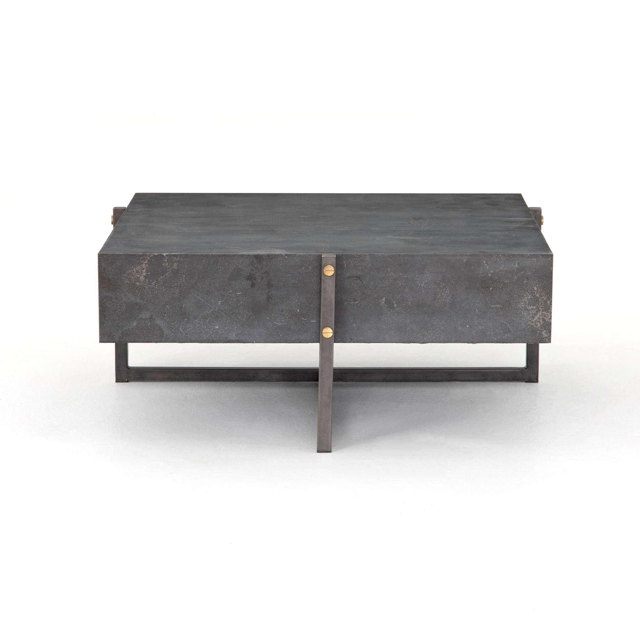 Keppler Square Coffee Table | Style, squared. A low, modern-minded coffee table of solid bluestone sits within a rustic black iron framing, for a light look with substantial feel, and a side of industrial edge.