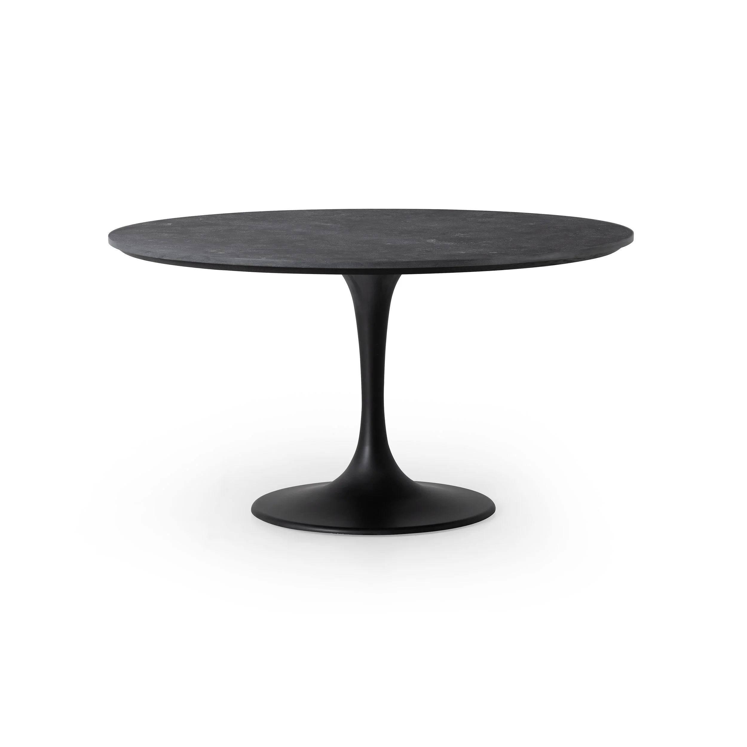 Powell Dining Table with Bluestone | The lovely and feminine tulip frame of this table is blended seamlessly with a rustic black iron finish to create a table that is both sweet and serious.
