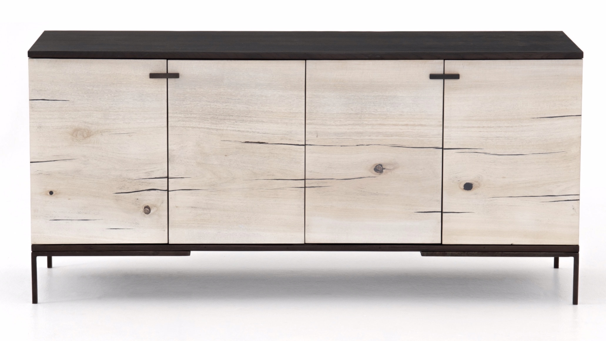 Cuzco Small Media Console | Slender legs of gunmetal-finished iron support a black ash frame, as resin fills the natural graining of bleached yukas. Pattern and depth of resin vary from piece to piece, due to wood species’ inherent nature.