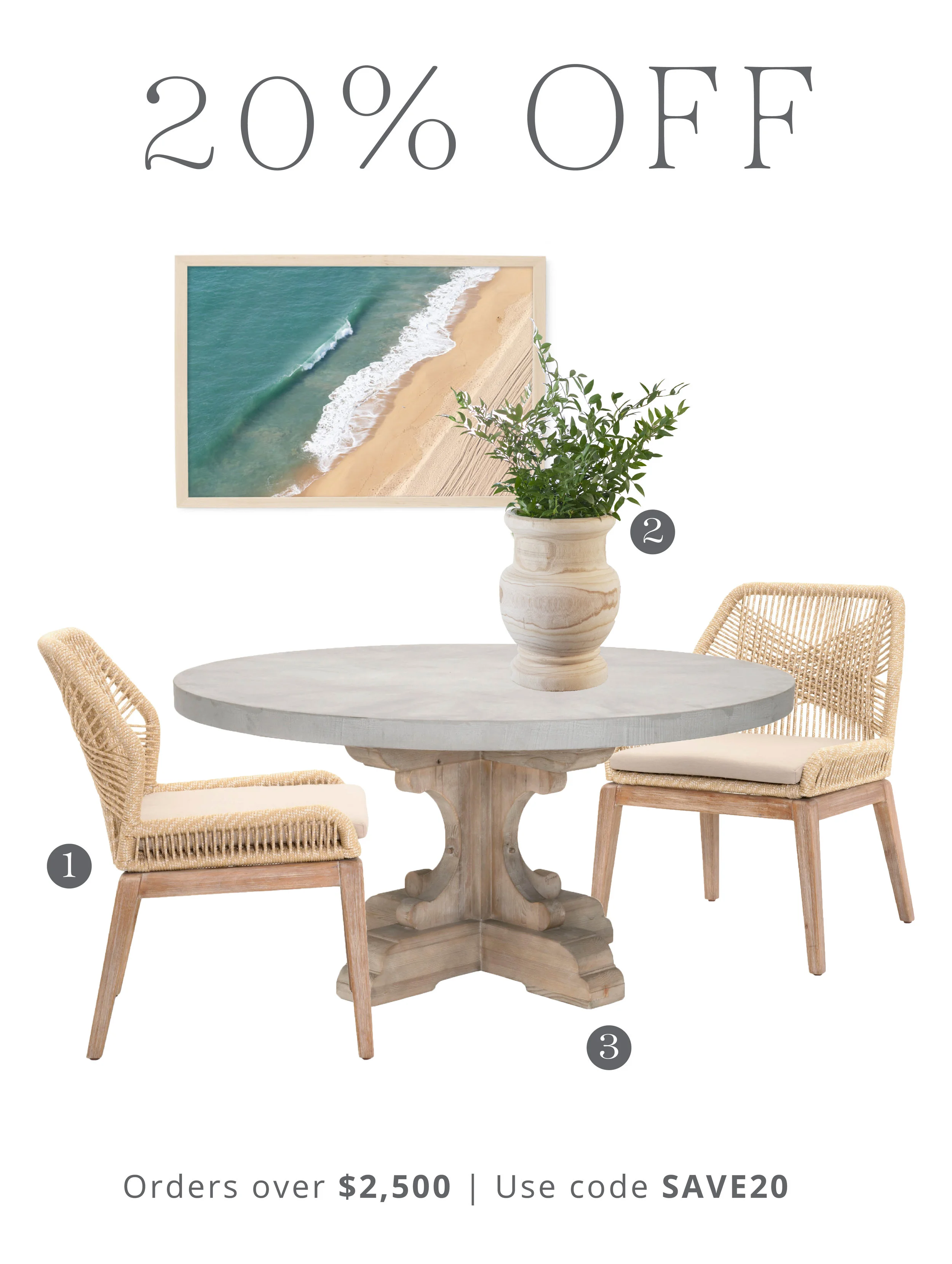 1. Loom Dining Chair | 2. Laguna Wooden Vase | 3. Bastille Dining Table