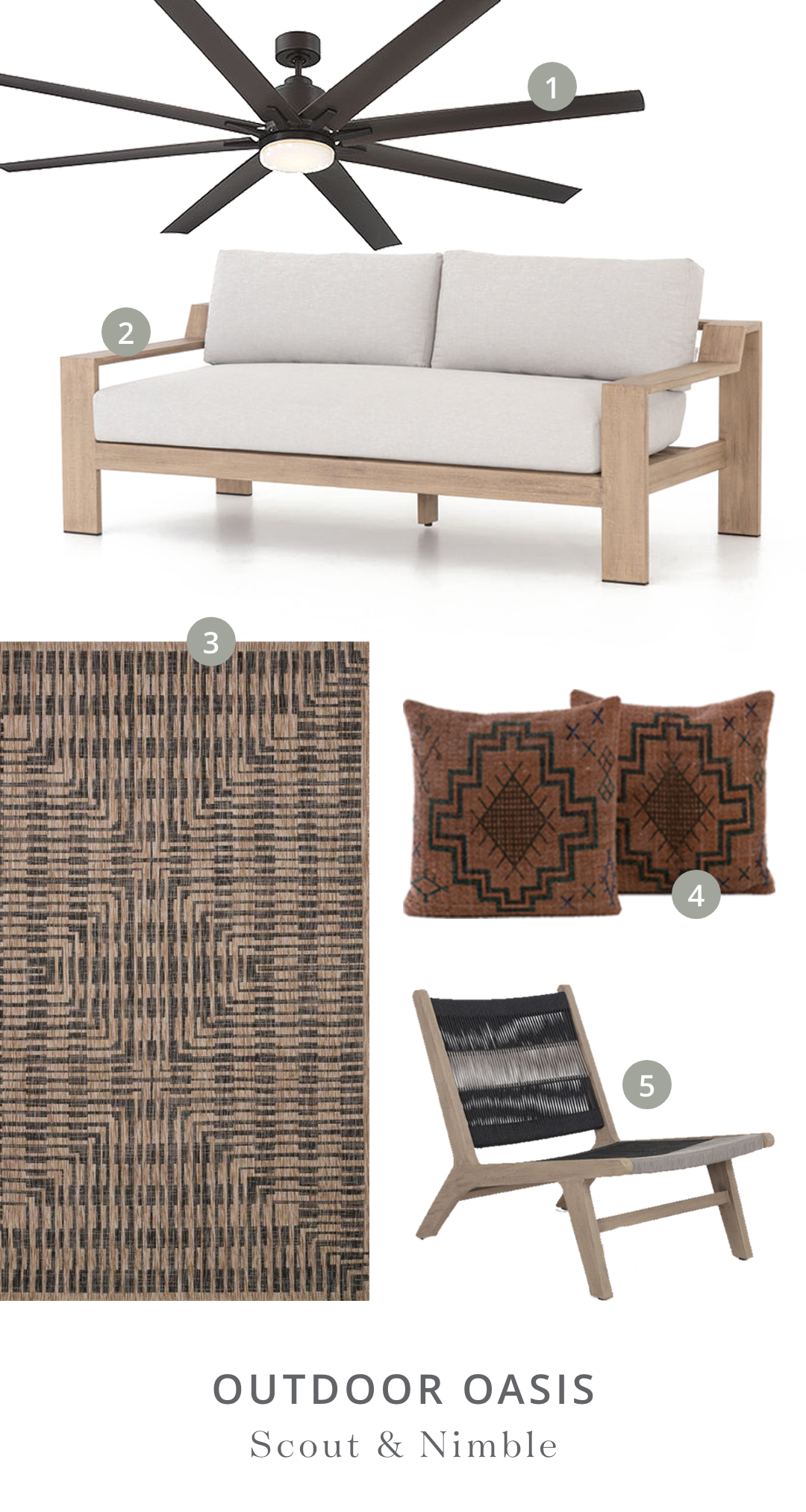 Shop the Look | 1. Bluffton 72” 8-Blade Ceiling Fan 2. Monterey Outdoor Sofa 3. Isle Brown/Black Rug 4. Tribal Print Rust Pillow, set of 2 5. Julian Outdoor Chair