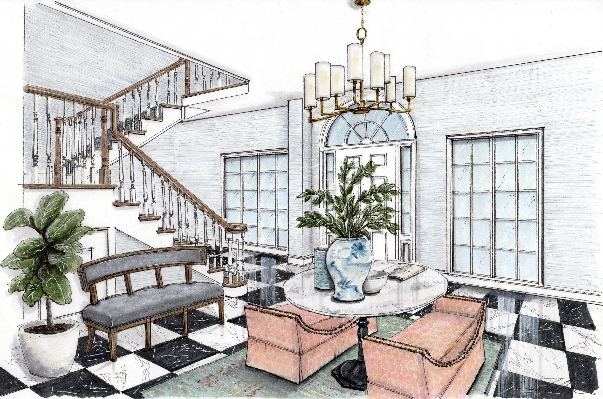 Foyer Rendering of our Tri Delta Traditional Project| Rendering by Jane Gianarelli