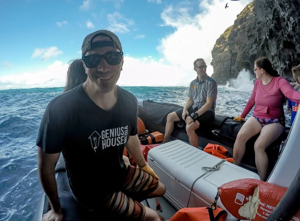 Genius Houseboat: Touring a Na Pali coast sea cave. Adam was thinking about producing a documentary about the coast.