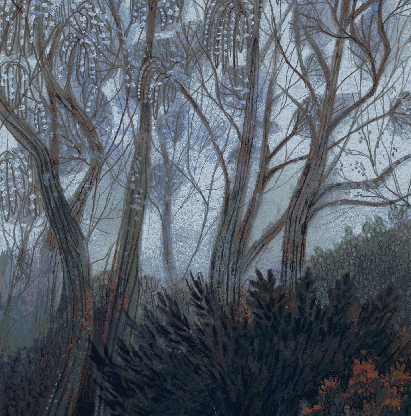 It&rsquo;s keeps hopping back and forth between sunshine and rain here - I&rsquo;m going to enjoy the showers before I have to face melting in summer heat. 

Here&rsquo;s a cloudy forest full of frost 🌳 had some fun with pan pastels with this one 

