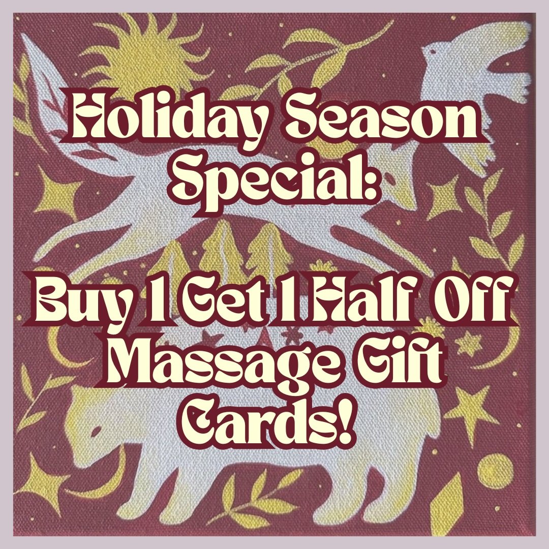Happy Holidays! ⭐️ I am offering a *Buy One Get One Half Off Massage Special* ☃️ From now until December 23rd, you can find BOGO packages on my booking site for 2 60 min, 2 90 min, or 1 60 &amp; 1 90 min sessions 🎁 These can be used for your self, a