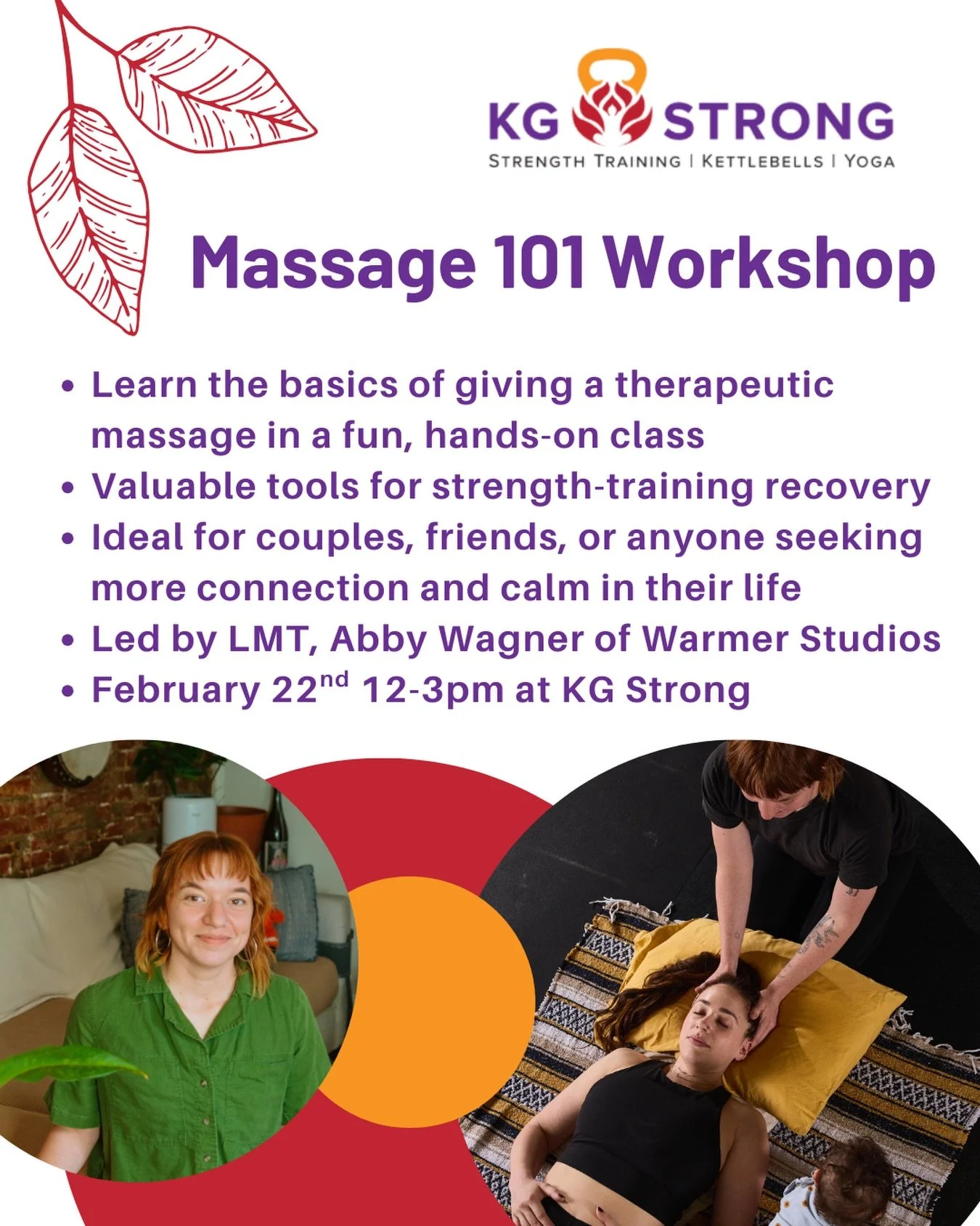 Join Me! Sunday, February 22nd, 12-3 pm at @kg_strong 🌟 💪 💆 ❤️&zwj;🔥

My Massage 101 Workshop is a fun, hands-on class designed to help you feel more confident giving a therapeutic massage to the people you care about most. You&rsquo;ll learn sim