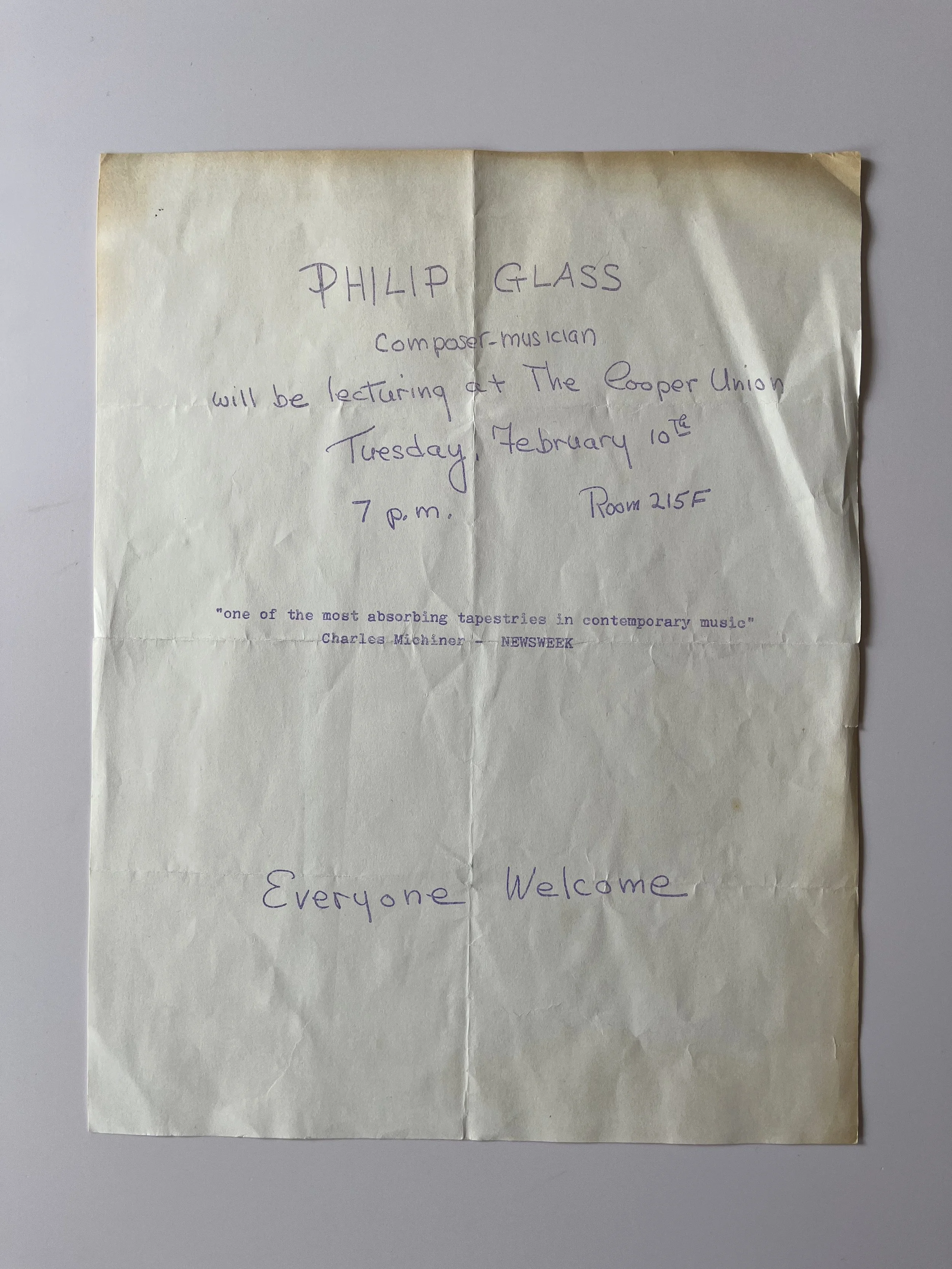Philip Glass Cooper Union Lecture Flyer 1973