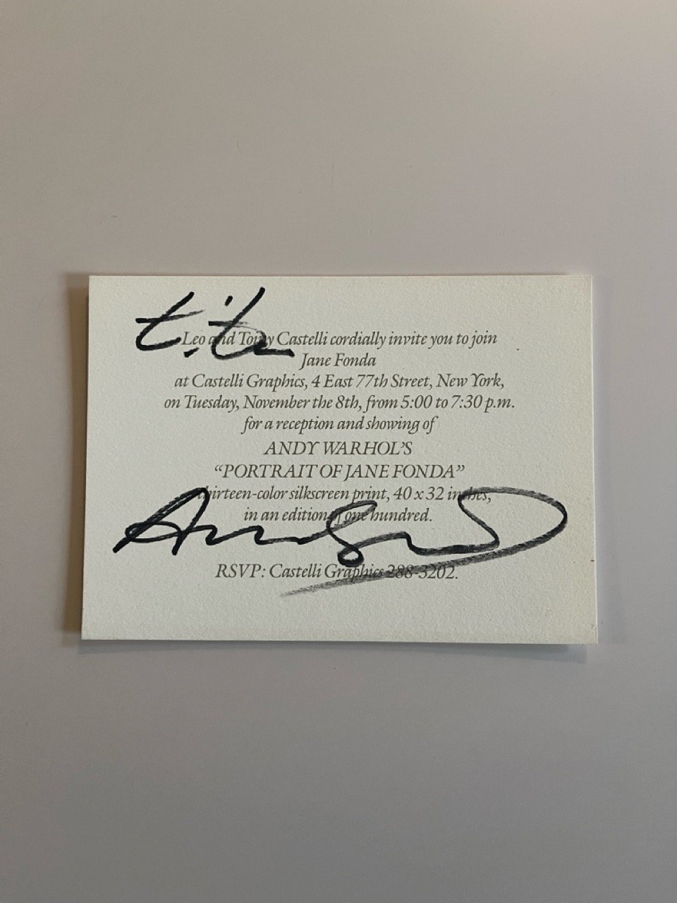 Andy Warhol's Portrait of Jane Fonda at Castelli Graphics - Signed Invite