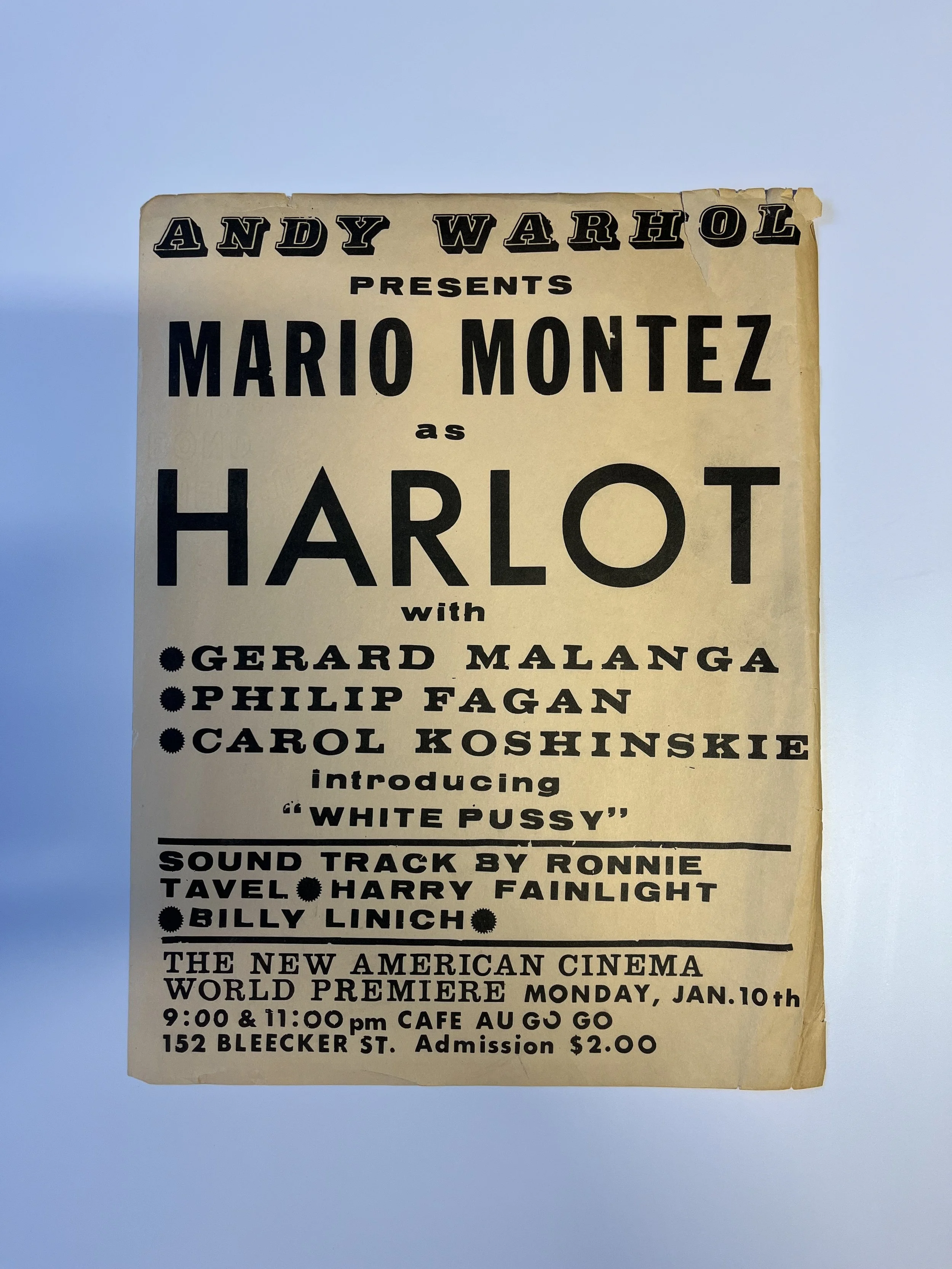 Andy Warhol Harlot Screening Flyer. 1965