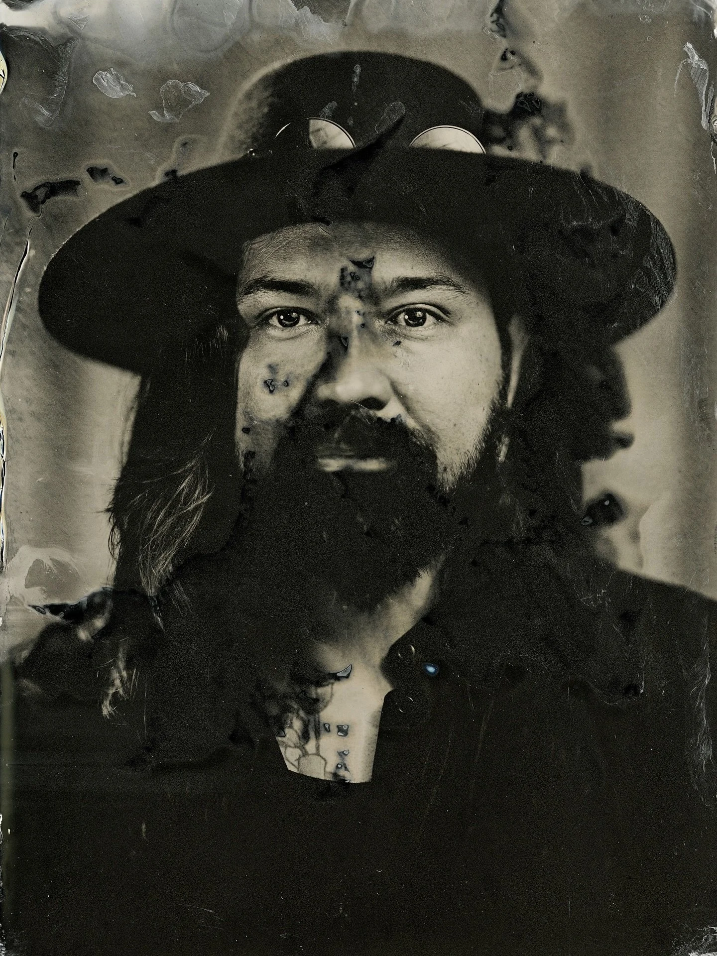 Not every tintype is perfect, and that’s part of the magic. This process is temperamental and full of surprises. Every plate is at the mercy of countless variables: the age of the collodion, room temperature, darkroom temperature, sunlight, eve