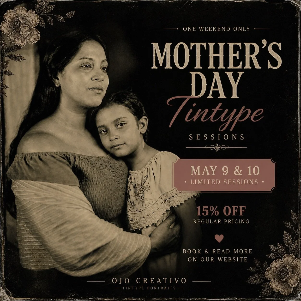 Limited Mother&rsquo;s Day tintype sessions are now open for next weekend (May 9 &amp; 10) 15% off single plates.

I&rsquo;ll be offering a small number of appointments.

I want to celebrate motherhood by offering this opportunity, but it doesn&rsquo