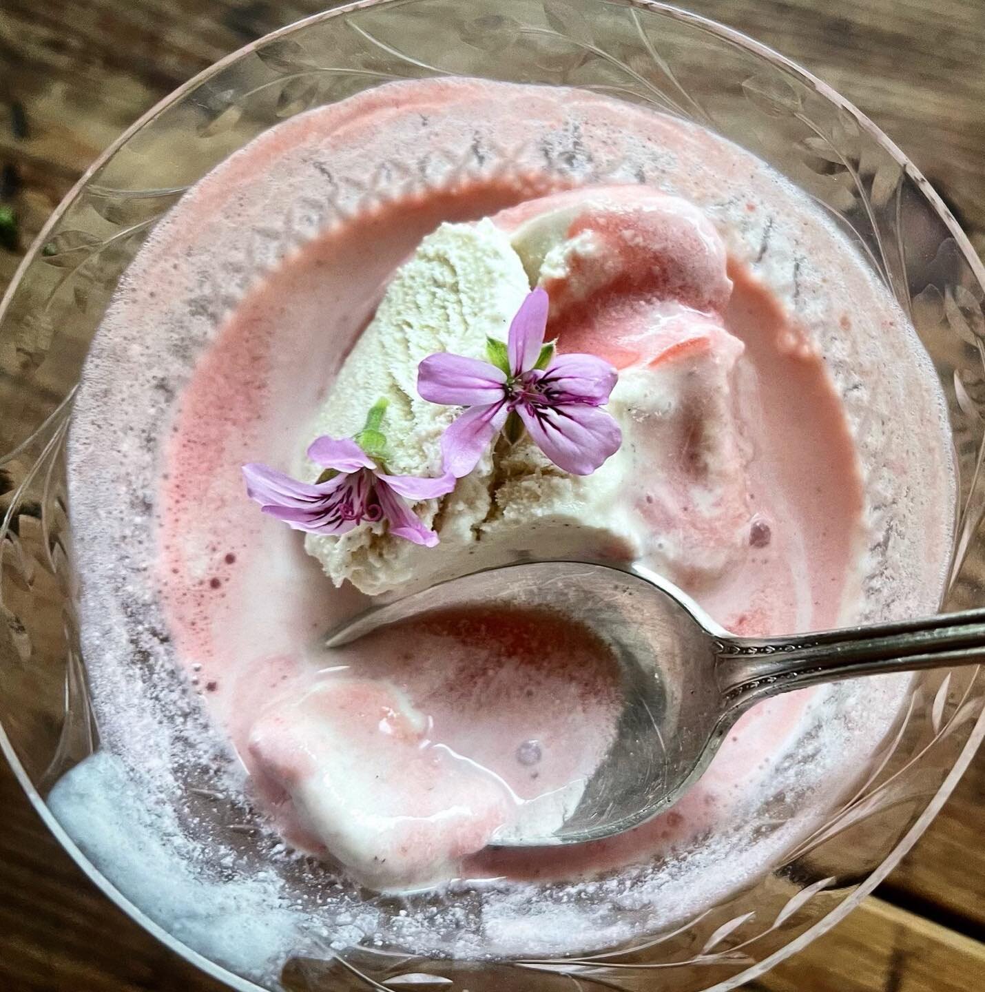 a sure indication that life is good: summer evening, soda floats, wonderful neighbors. This gorgeous delight features our **wild fermented strawberry and rose geranium soda from the weekend markets,  poured over Strauss vanilla ice cream in family he