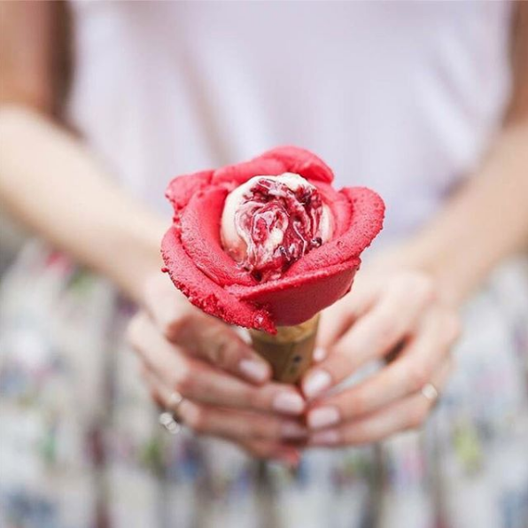Gorgeous rose-inspired Amarino Gelato on a cone.