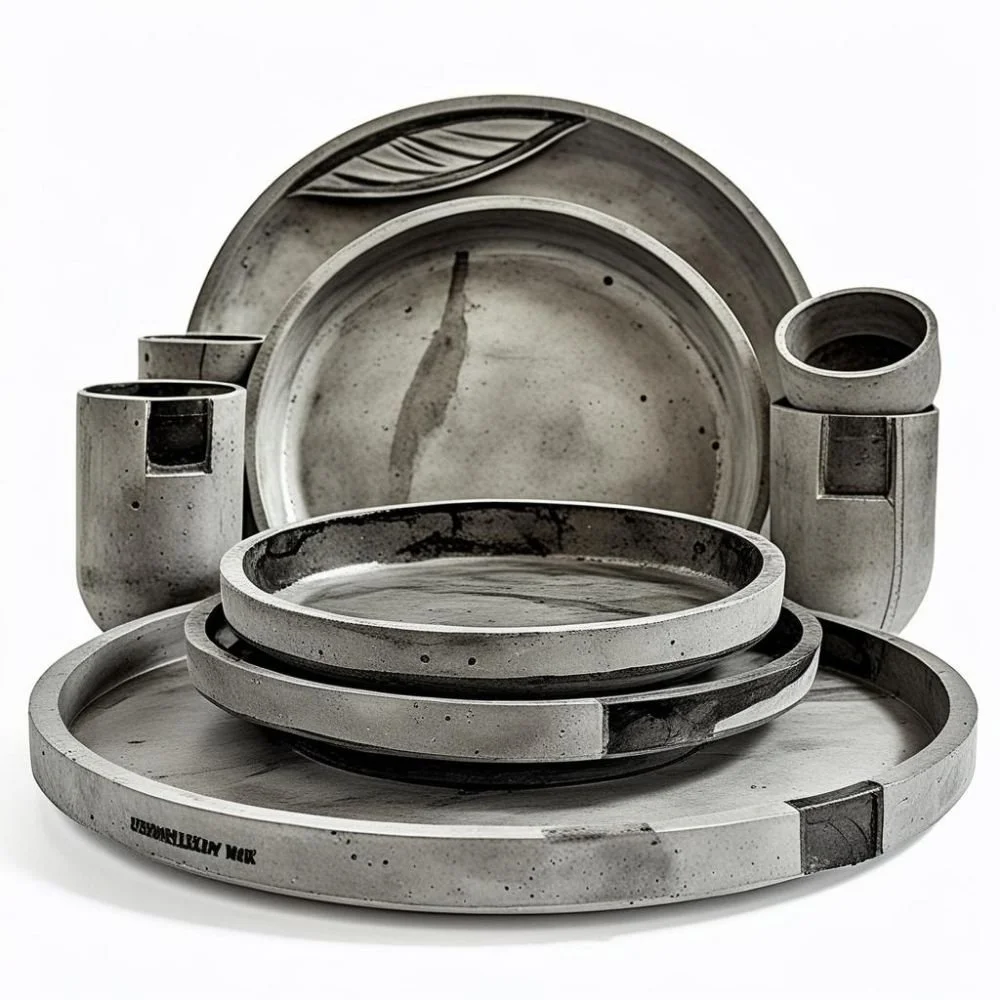  Brutalist ceramic dinner set with concrete texture and flat rectangular handle, rough surface, dramatic lighting 