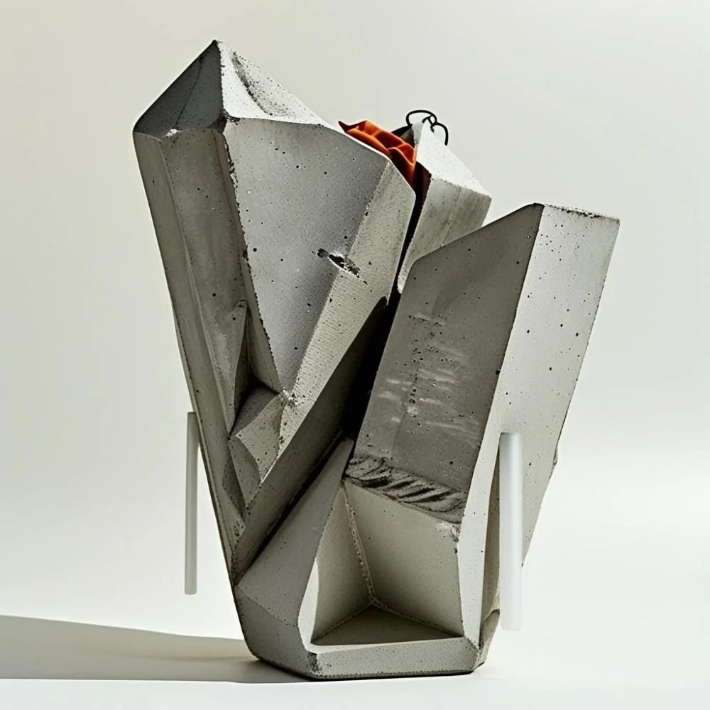  Brutalist ceramic vase with concrete texture and flat rectangular handle, rough surface, dramatic lighting 