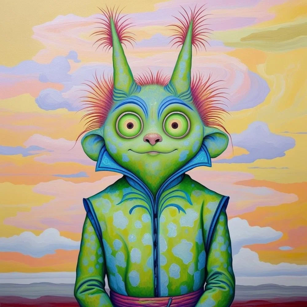 Strange creature with two pointed protrusions on its head pastels, clouds