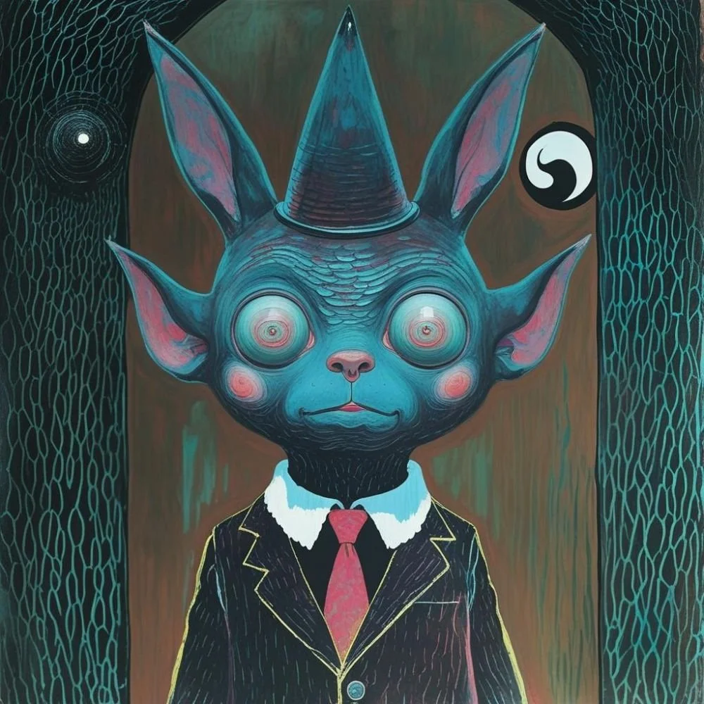 Strange creature with two pointed protrusions on its head dark, blue