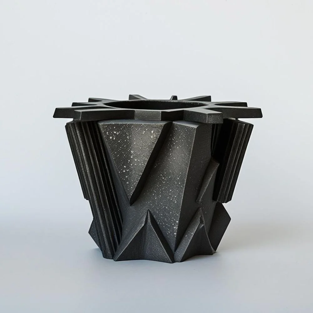  Brutalist ceramic cup with concrete texture and flat rectangular handle, rough surface, dramatic lighting 