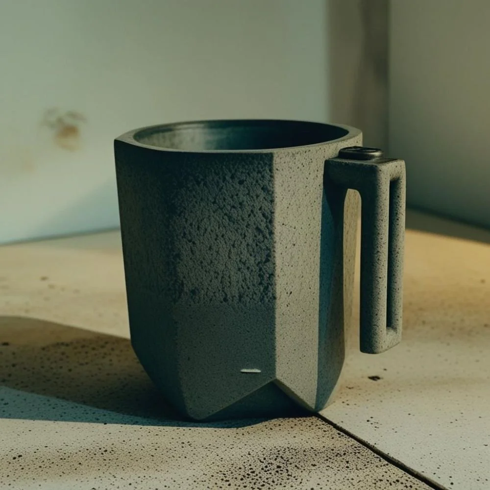  Brutalist ceramic mug with concrete texture and flat rectangular handle, rough surface, dramatic lighting 
