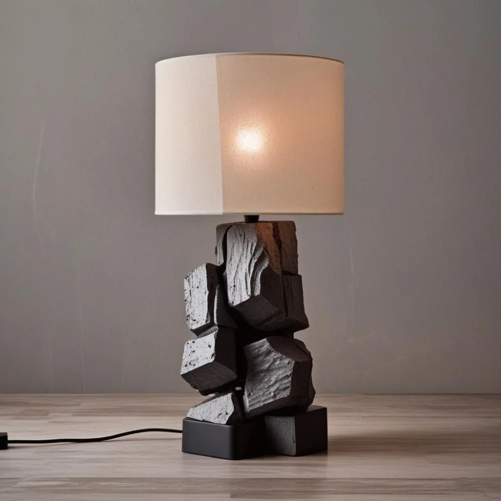  Brutalist ceramic lamp with concrete texture and flat rectangular handle, rough surface, dramatic lighting 