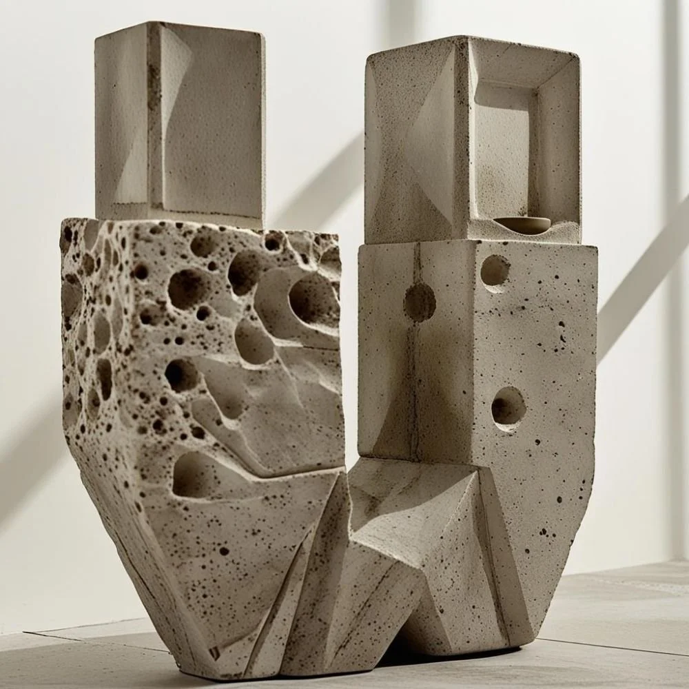  Brutalist ceramic candle holder with concrete texture and flat rectangular handle, rough surface, dramatic lighting 