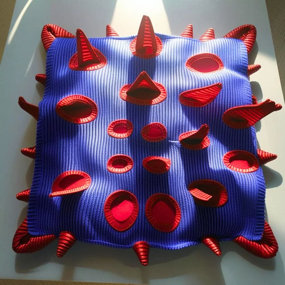  A handmade dimensional woven potholder in cobalt blue with red holes and spiked peaks, photographed on a plain surface. The textile has unusual three-dimensional structure with circular openings and raised points that extend beyond the flat plane of