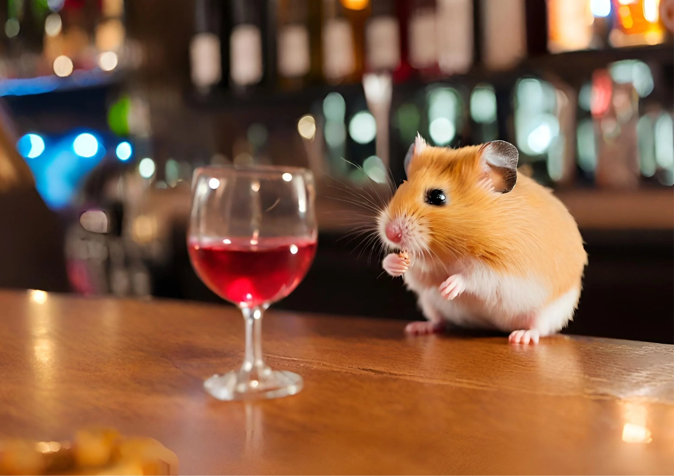 hamster sitting on a bar counter with a glass of wine