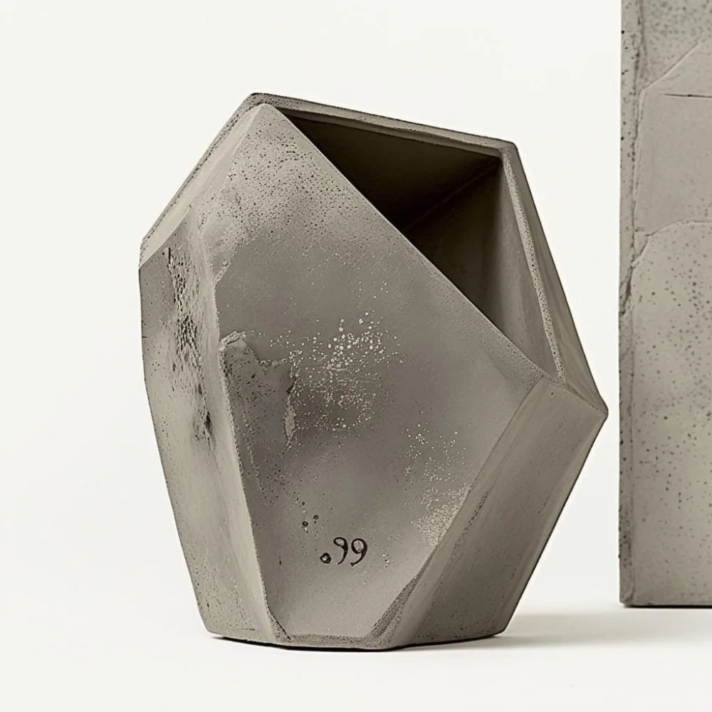  Brutalist ceramic trash can with concrete texture and flat rectangular handle, rough surface, dramatic lighting 