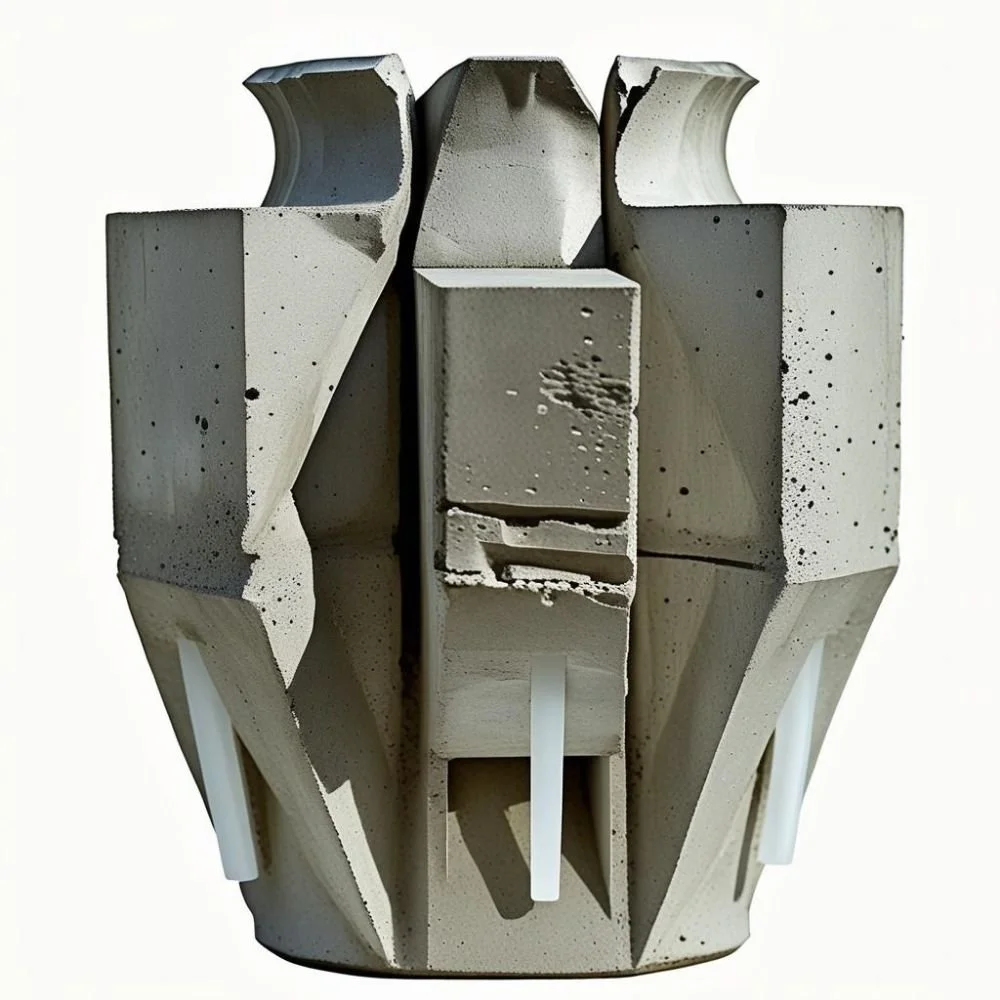  Brutalist ceramic vase with concrete texture and flat rectangular handle, rough surface, dramatic lighting 