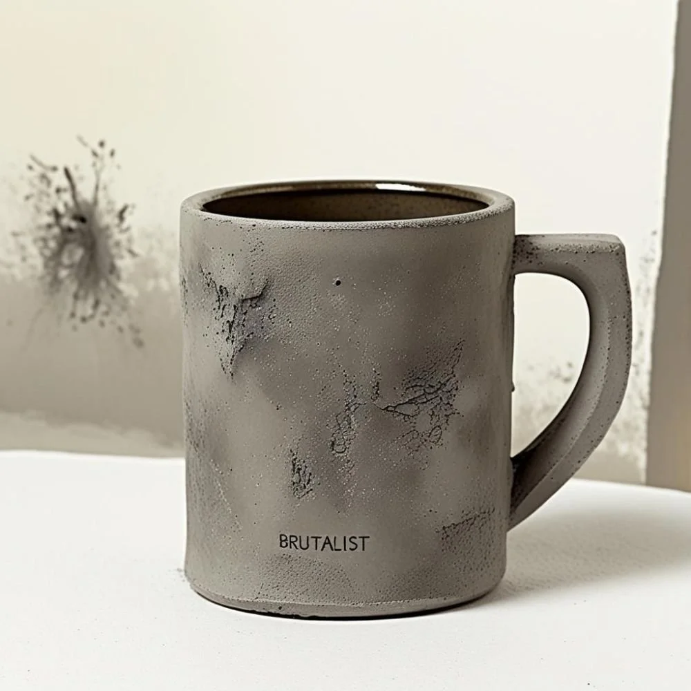  Brutalist ceramic mug with concrete texture and flat rectangular handle, rough surface, dramatic lighting 