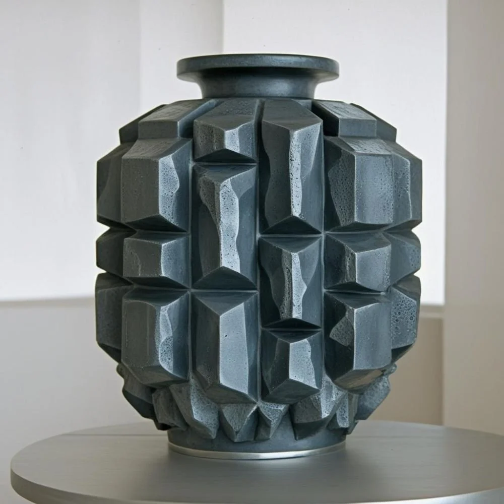  Brutalist ceramic vase with concrete texture and flat rectangular handle, rough surface, dramatic lighting 