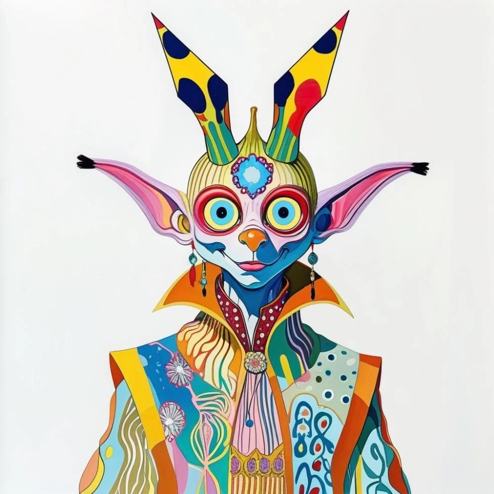 Strange creature with two pointed protrusions on its head, multicolored with white background