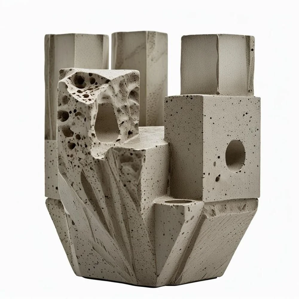  Brutalist ceramic candle holder with concrete texture and flat rectangular handle, rough surface, dramatic lighting 